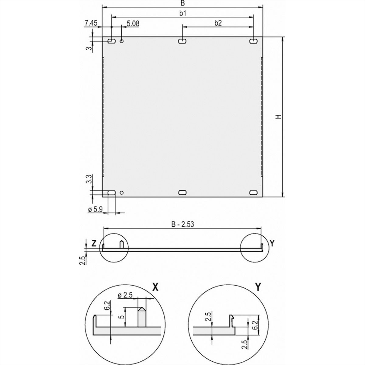 SCHROFF Frontplaat, U-profiel, Refrofit afscherming, 6 HE, 7 HE, 2,5 mm, Al, voorzijde geanodiseerd, achterzijde geleidend