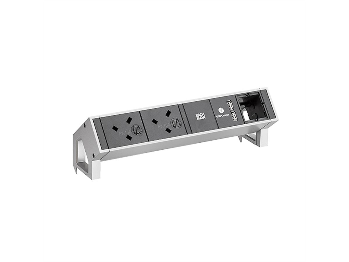 BACHMANN DESK2 2xUK 3,15A USB Oplader, 1xCM Stroom 0,2m GST18 Inox Verenigd Koninkrijk