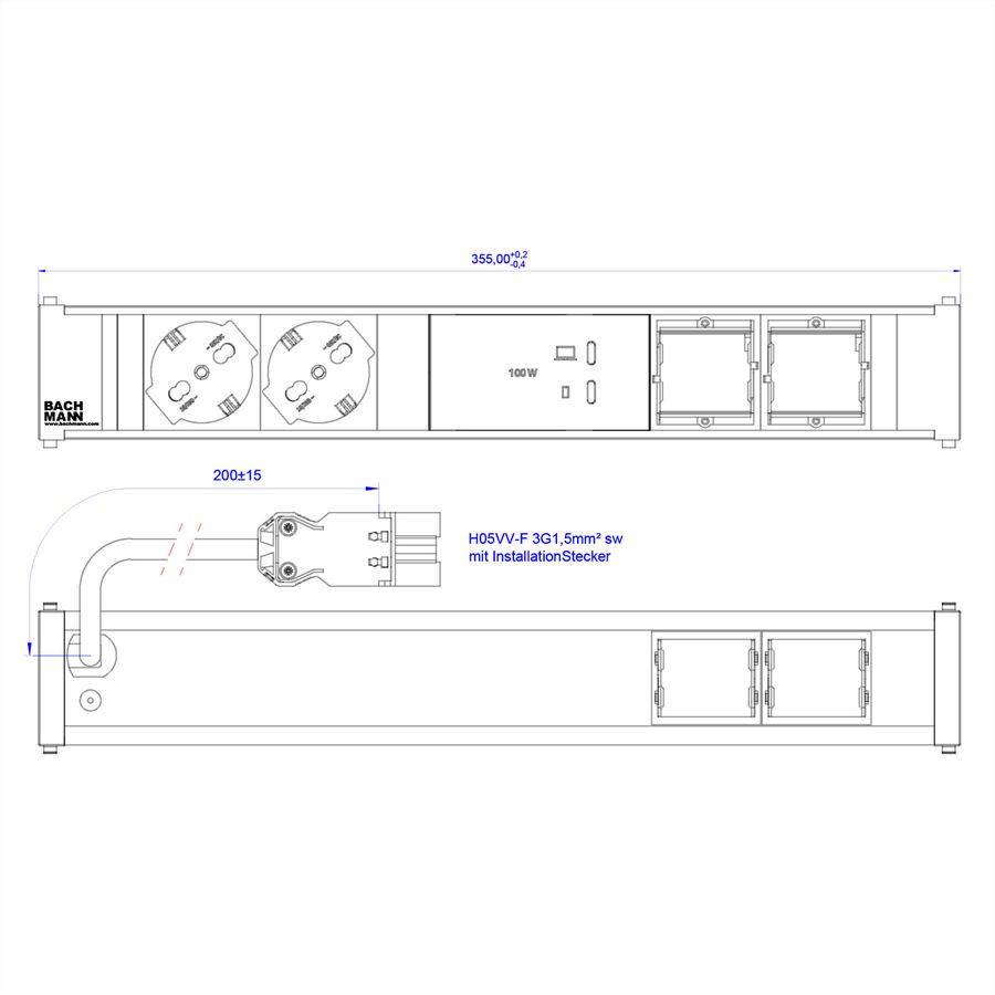 BACHMANN CONI 2xP40 1xUSB C/C 100W, 2xCM L=0.2m