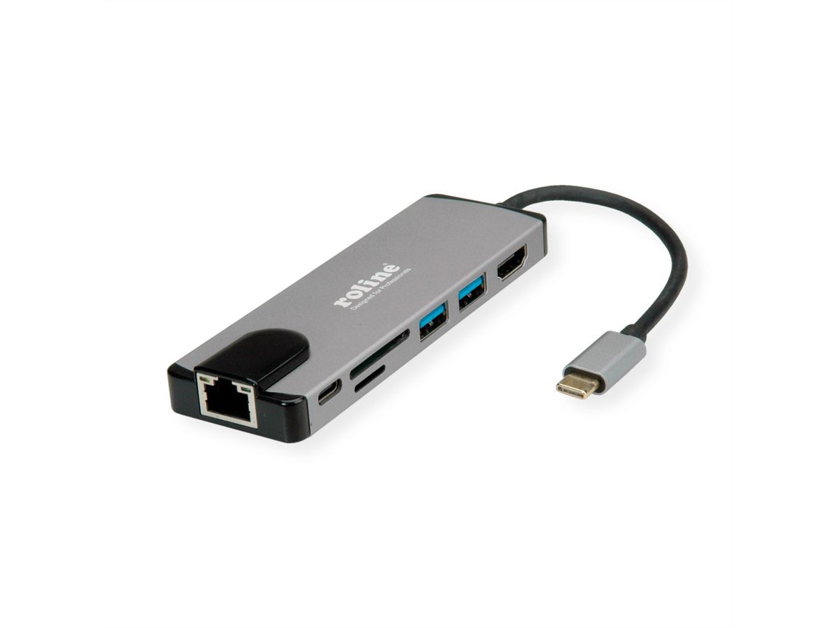 ROLINE USB 3.2 Gen 2 Typ C Multiport Docking Station, 4K HDMI, 2x USB 3.2 Gen 1, 1x SD/Micro SD Card Reader, 1x USB Type C PD (Power Delivery), 1x Gigabit Ethernet