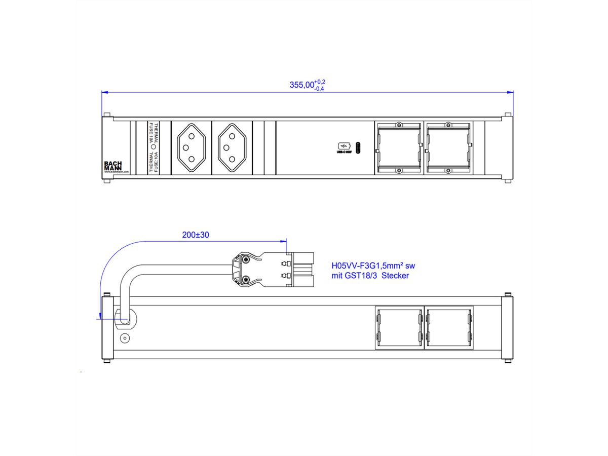 BACHMANN CONI 2xCH 1xUSB C 60W 2xCM, 0.2m GST18 Switzerland