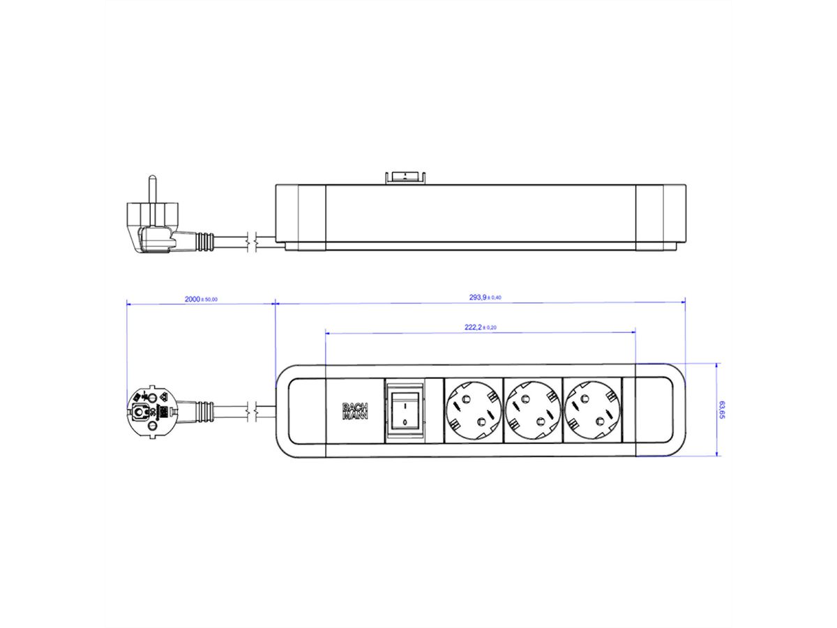 BACHMANN PRIMO2 stekkerdoos 3-voudig geaard, aluminium, met schakelaar, zwart, 2 m