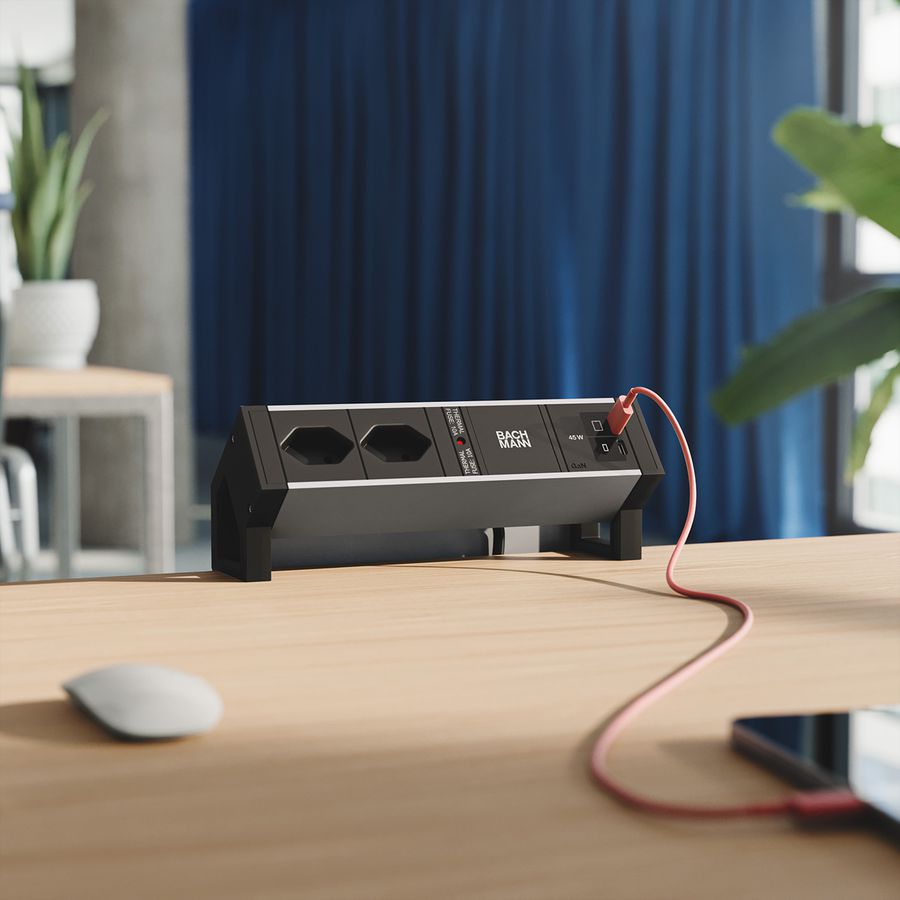 BACHMANN DESK2 ALU BLACK 2xCH 90°, 1xUSB C/C45W L=0,2m