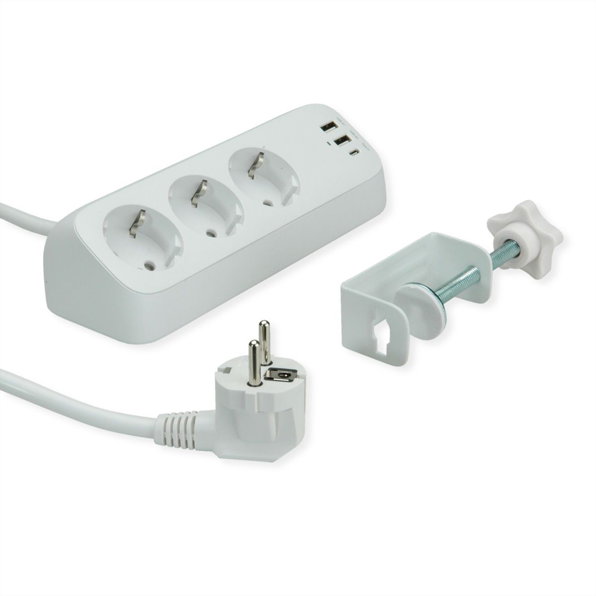 VALUE tafelstekkerdoos, 3-voudig met schakelaar, incl. 3x USB (2x A, 1x C), met tafelklem , 1,5 m
