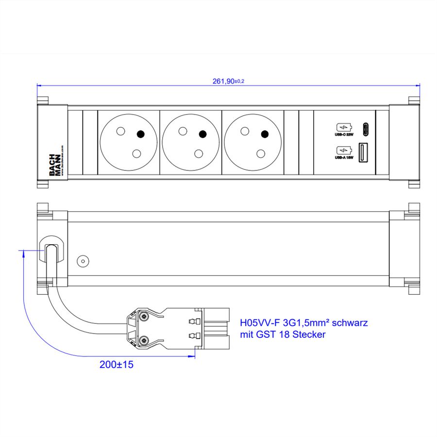 BACHMANN POWER FRAME M 3xUTE 1xUSB A&C 22W 0.2m GST18