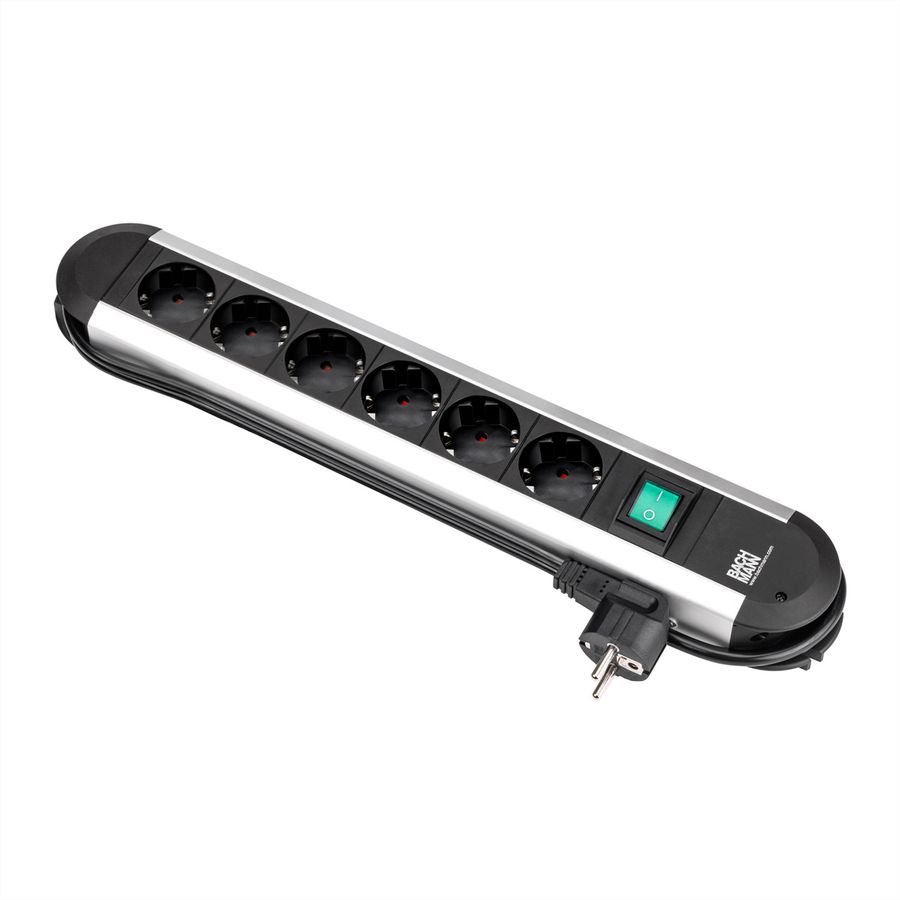 BACHMANN PRIMO stekkerdoos 6x geaard contact, aluminium, met schakelaar, 1,75 m