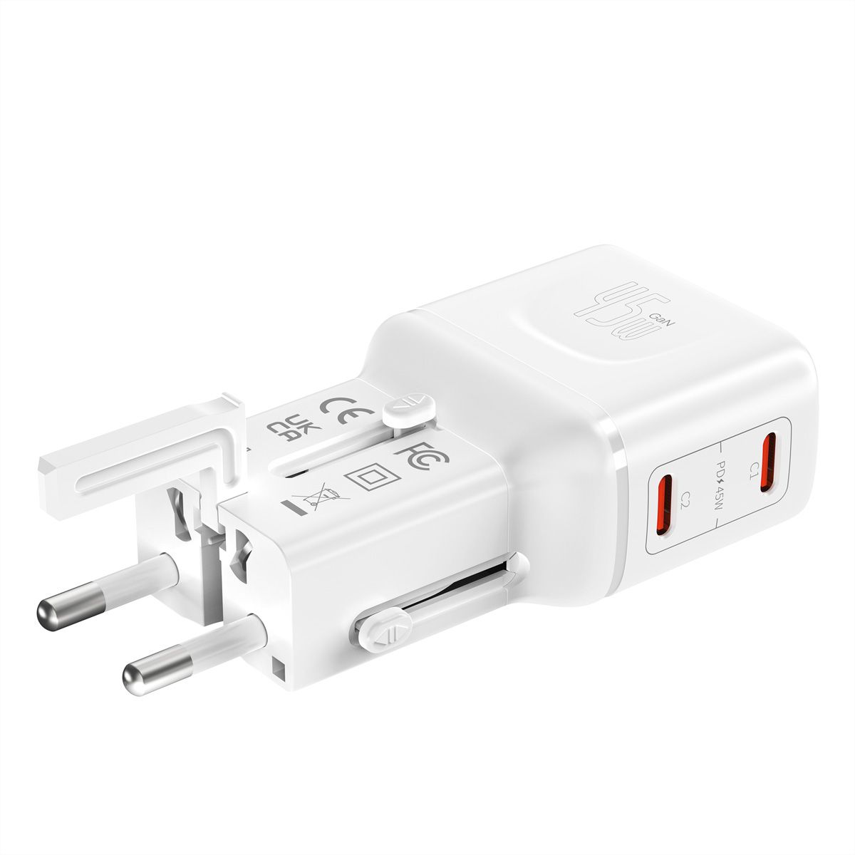 VALUE reisoplader met platte Euro/UK/US stekker, 2 USB-C-poorten, 45 W