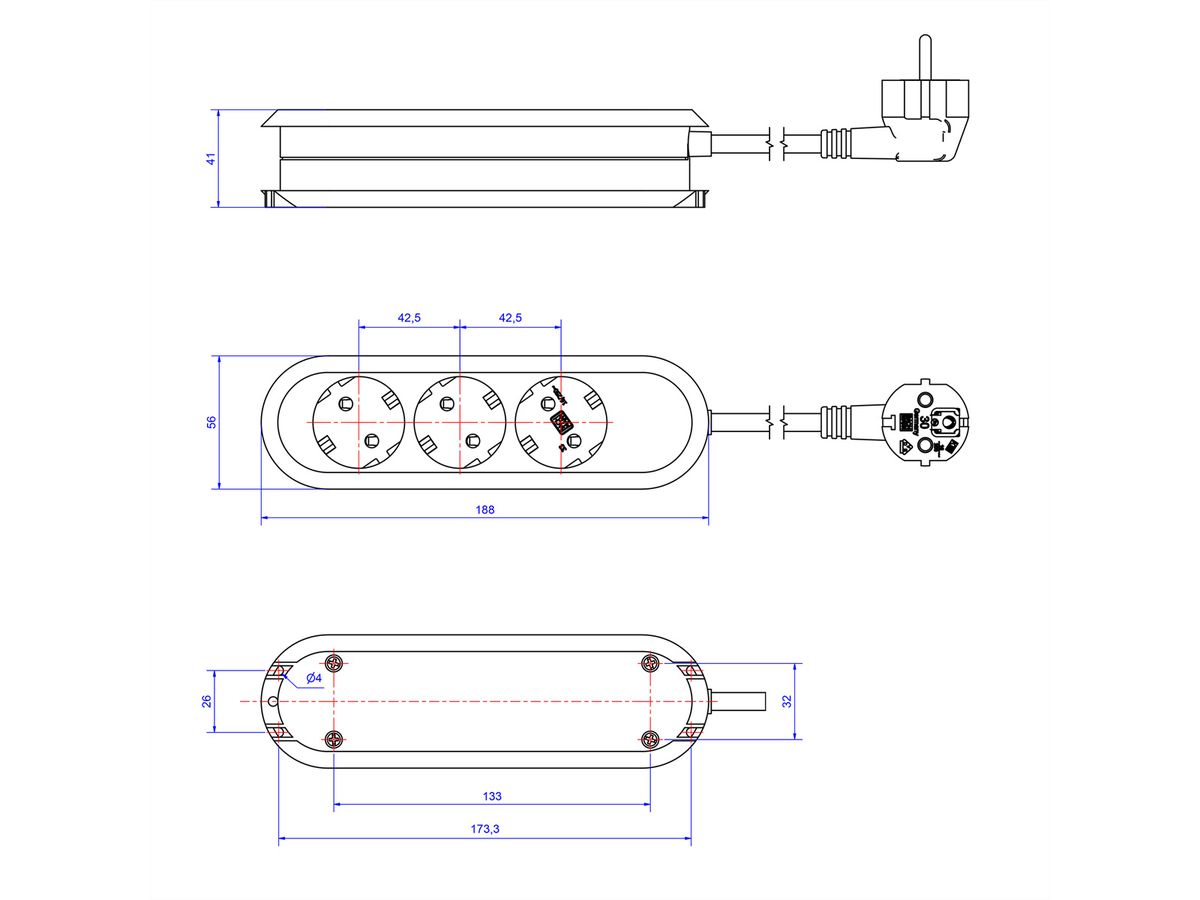 BACHMANN SMART multiple socket outlet 3x earthing contact, white, 1.5 m