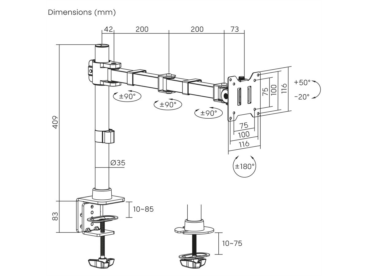VALUE LCD-arm voor zware belasting, draagstang, 4 scharnieren, tafelmontage, tot 20 kg