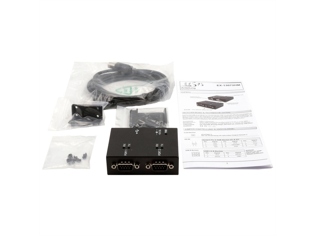 EXSYS EX-13072HM USB 2.0 naar 2 x seriële RS-232 poorten metalen behuizing FTDI chipset