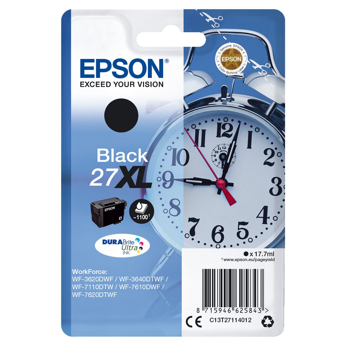 C13T27114010, 27XL, Tintenpatrone, schwarz, hohe Kapazität, für EPSON WorkForce WF-3640DTWF / 3620DWF / 7110DTW / 7610DWF / 7620DTWF