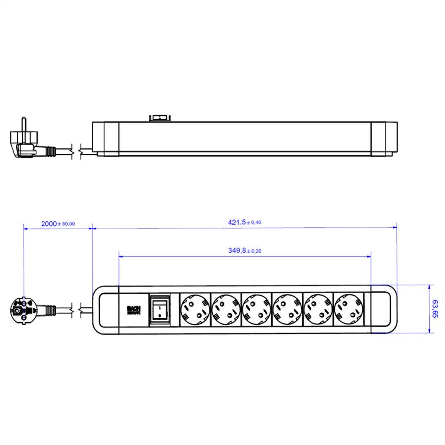 BACHMANN PRIMO2 socket strip 6x earthing contact, aluminium, switch, black, 2 m