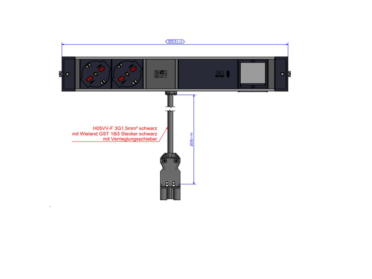 BACHMANN DESK RAIL 2xP40 1xUSB C 60W, 1xCM 2,0m GST18 Italië