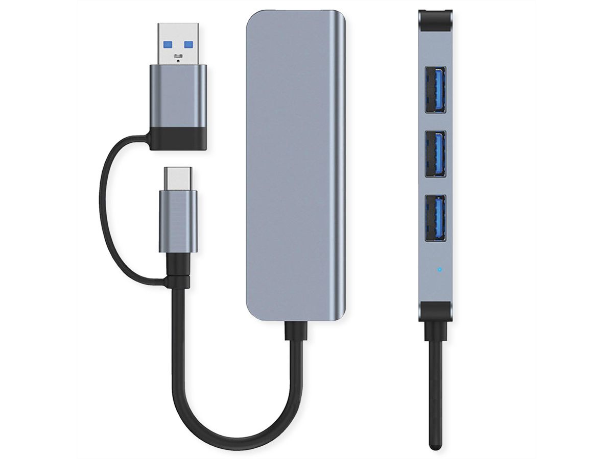 VALUE USB Hub, 4x USB-A Ports (3x USB 2.0 + 1x USB 3.2 Gen1), Type A+C host connection cable