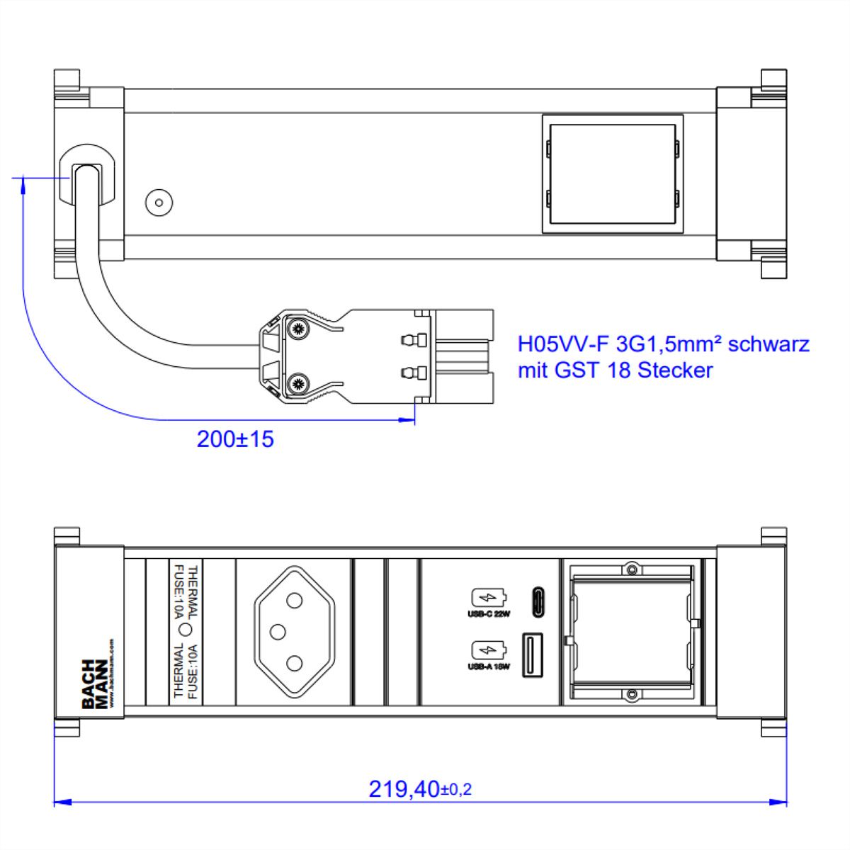 BACHMANN POWER FRAME S 1xCH 1xCM, 1xUSB A&C 22W 0.2m GST18 Switzerland