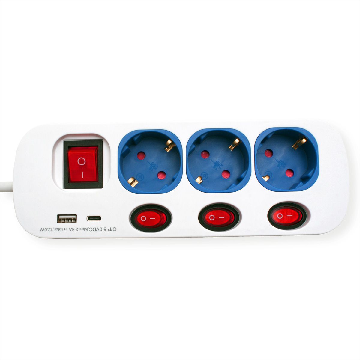 ROLINE 3-voudige stekkerdoos met schakelaar, USB oplader A+C, 1,5 m