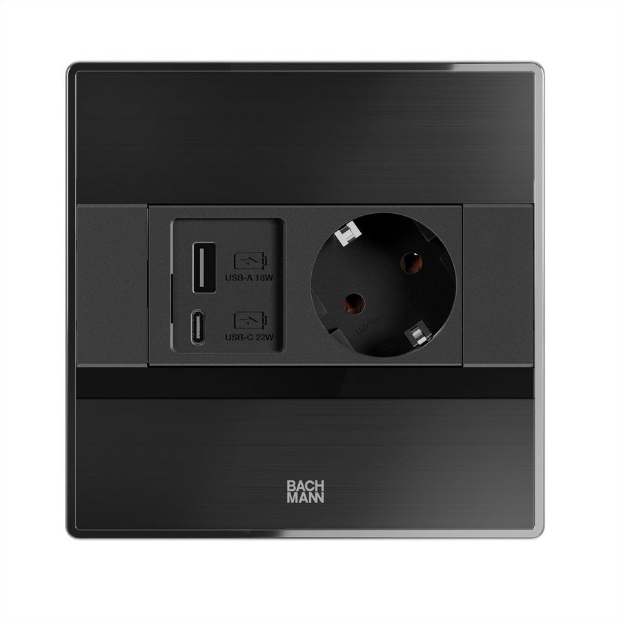 BACHMANN SENSE black 1x CEE7/3, 1x USB A/C L=2.0m AEH