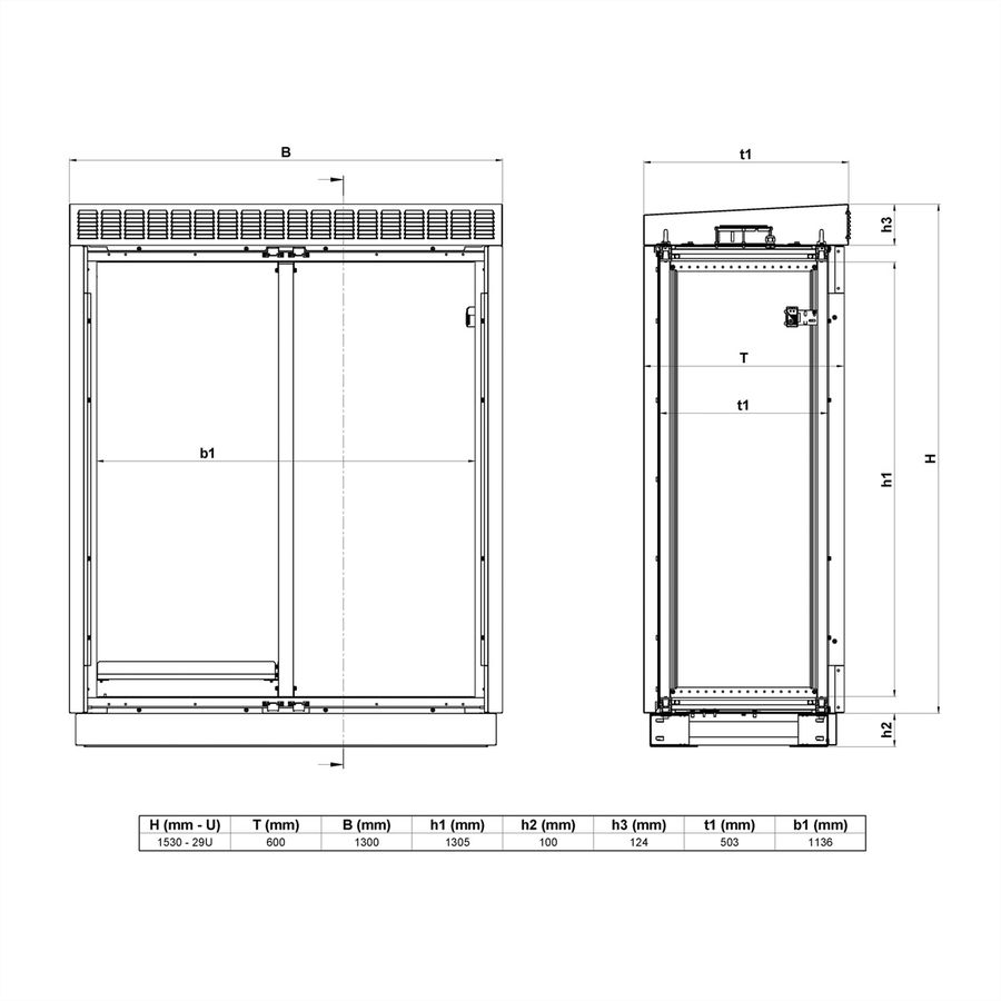 SCHROFF modulaire buitenluchtkast met dubbele deur, ventilator, 1530H 29 U, 1300W 630D