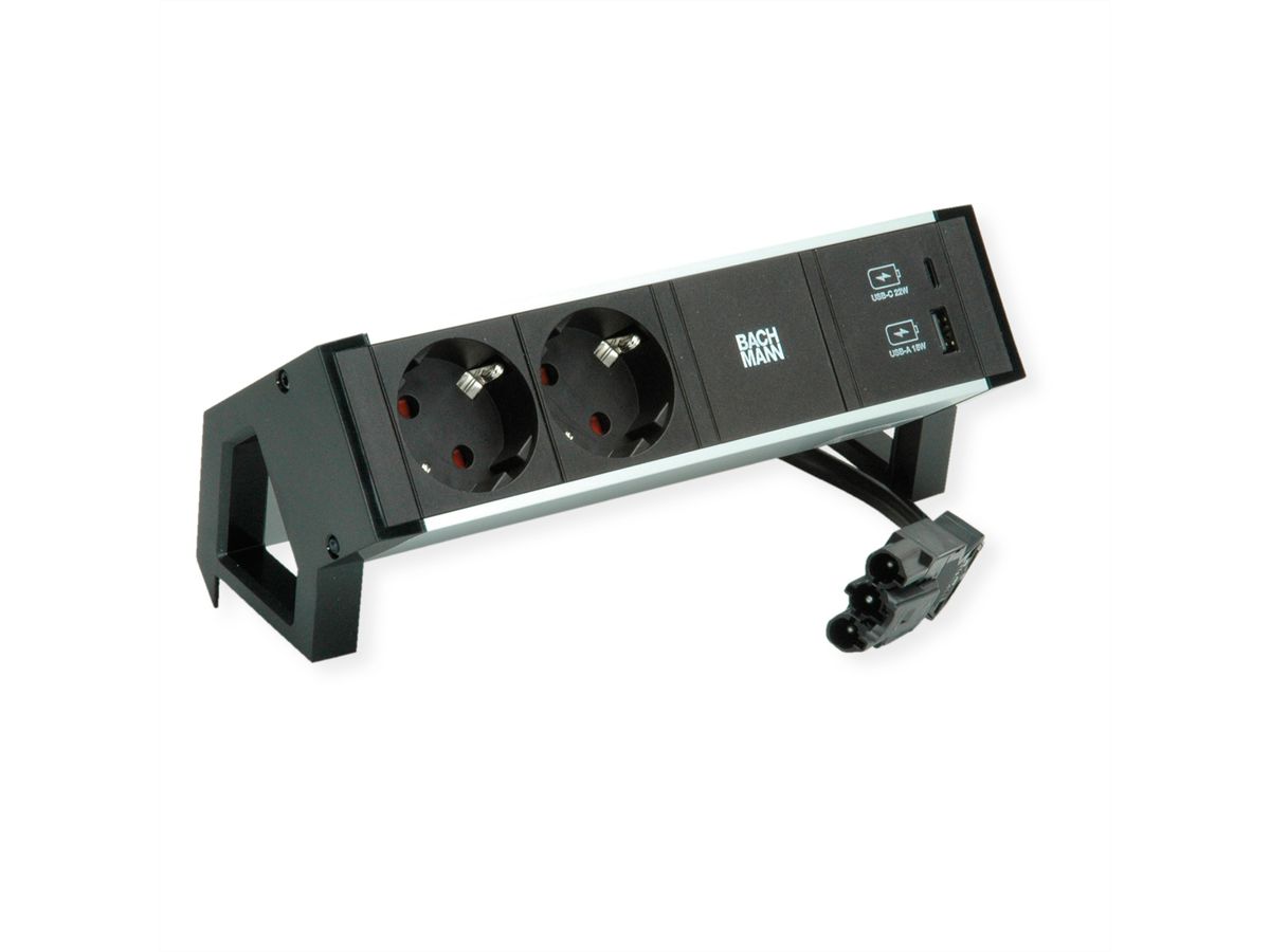 BACHMANN DESK2 ALU ZWART 2x Geaard stopcontact, USB, USB oplader 22W A&C 0,2m GST18