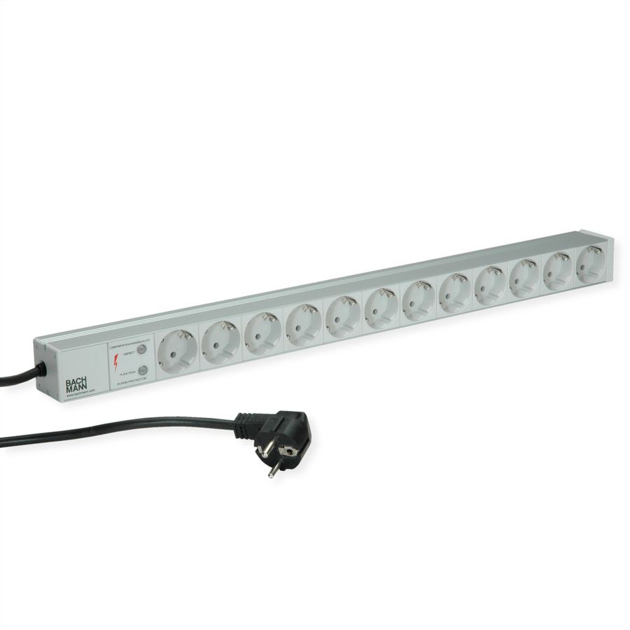 BACHMANN IT PDU ALU 1HE 12x geaard contact, stroomkabel met geaarde stekker