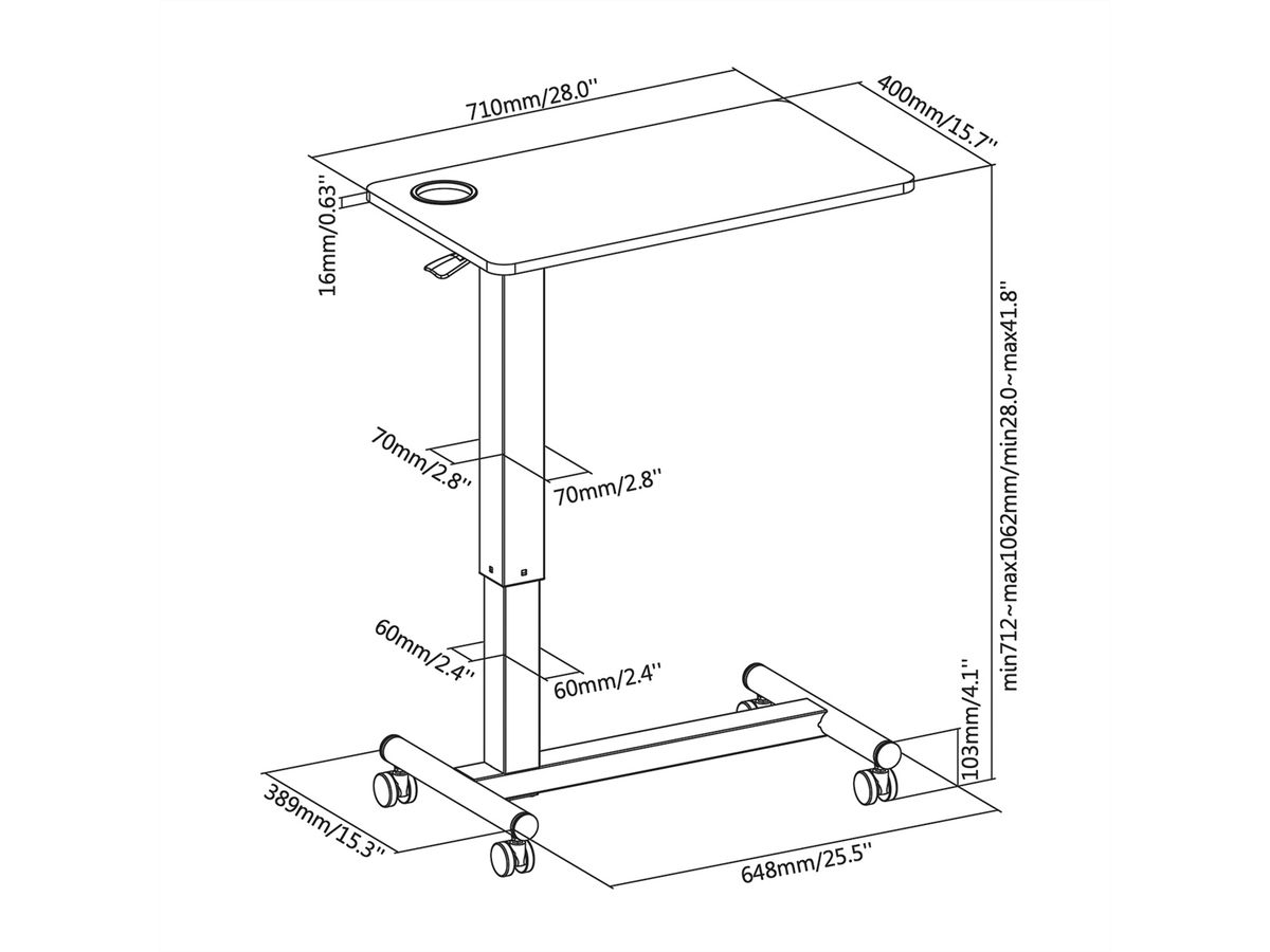 ROLINE Gas Spring Side Table / Workstation, height adjustable, white
