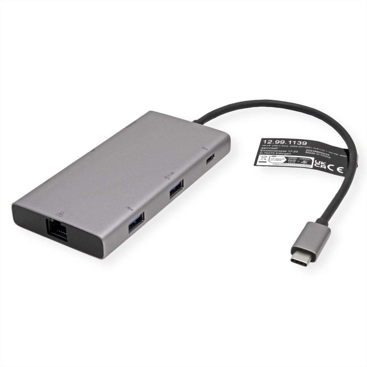 VALUE USB Type C Docking Station, HDMI+DP 4K60, 3x US3.2Gen1 (1x C + 2x A), 1x PD, 1x RJ45