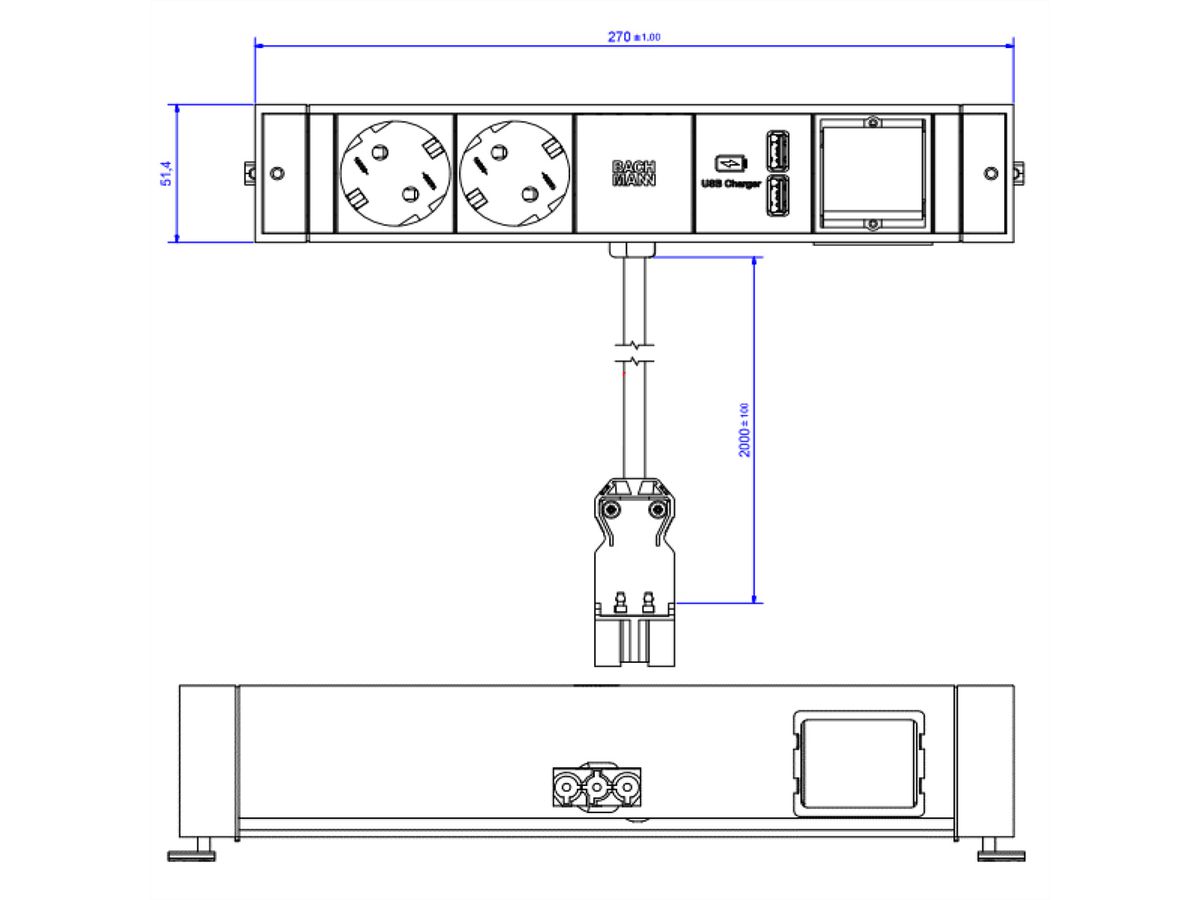 BACHMANN DESK RAIL 2x earthing contact 1x USB Charger 1x ABD