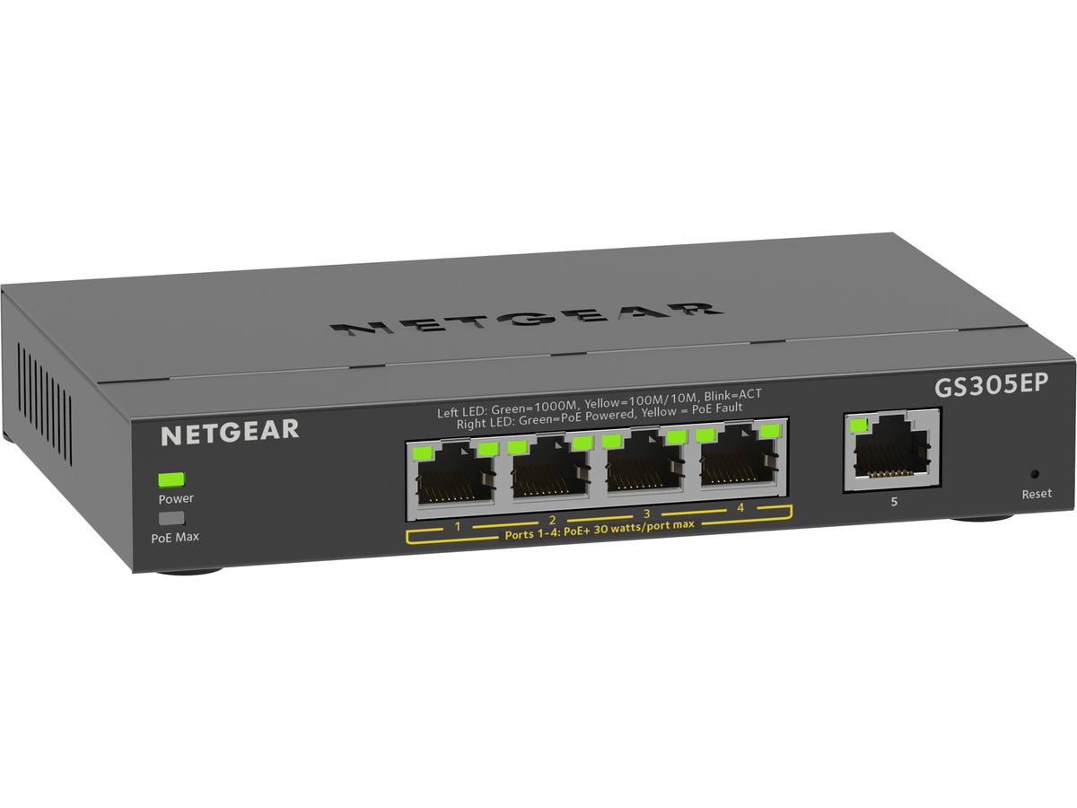 NETGEAR 5-Port Gigabit Ethernet PoE+ Plus Switch (GS305EP) Managed L2/L3 Gigabit Ethernet (10/100/1000) Power over Ethernet (PoE) Black