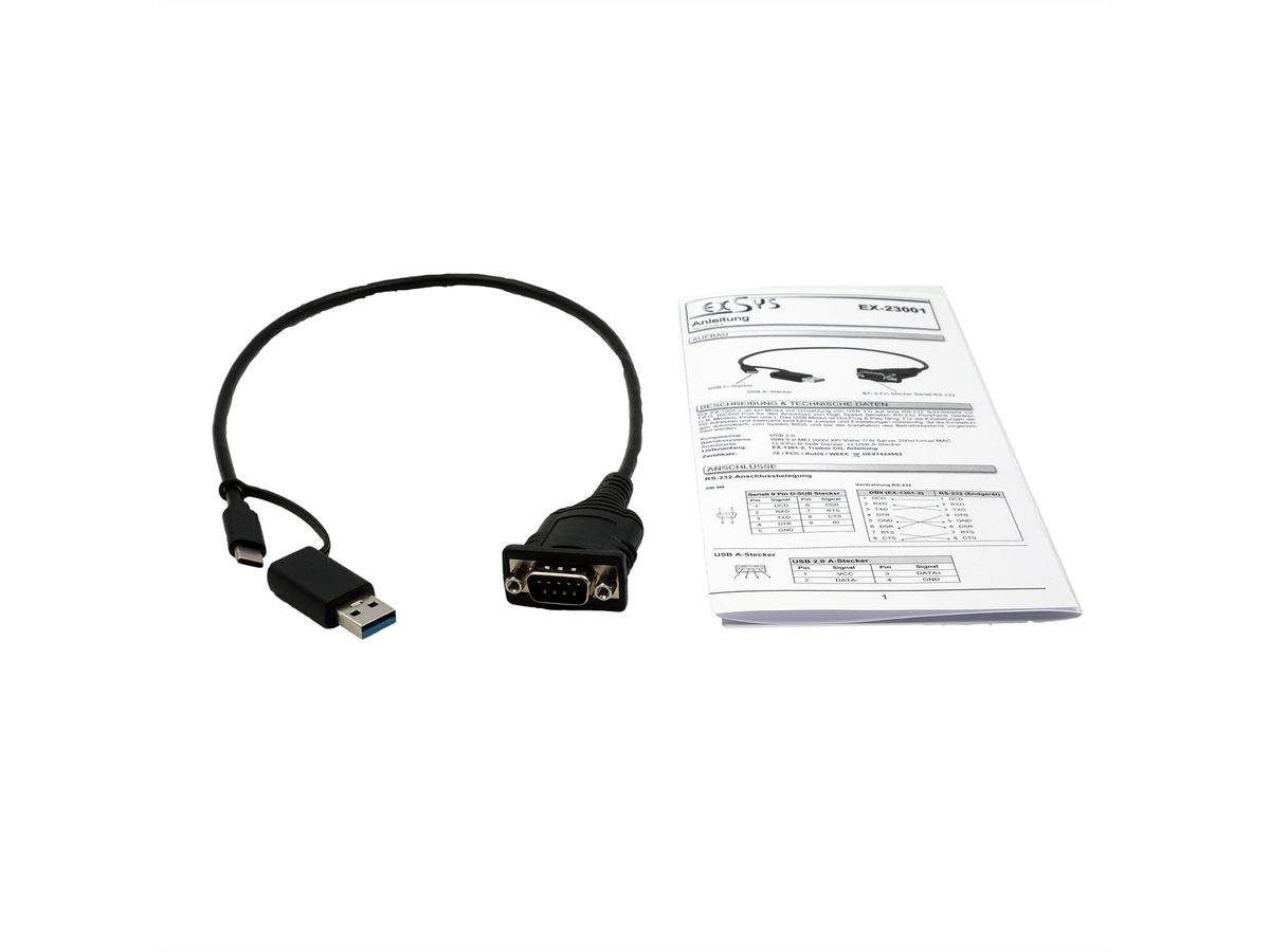 EXSYS EX-23001 USB 2.0 met C- en A-connector naar 1 x seriële RS-232 kabel met 9-pins connector FTDI chipset