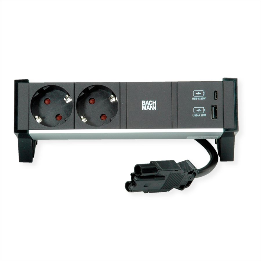 BACHMANN DESK2 ALU ZWART 2x Geaard stopcontact, USB, USB oplader 22W A&C 0,2m GST18