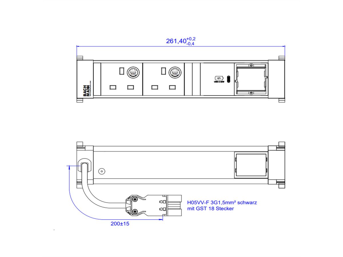 BACHMANN POWER FRAME M 2xUK, USB C 30W 1xCM 0.2m GST18 United Kingdom