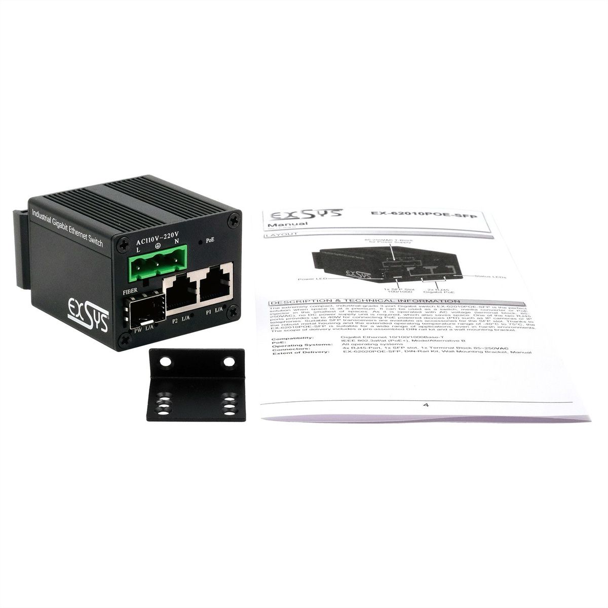 EXSYS EX-62010PoE-SFP Micro 2+1-poorts PoE+ industriële gigabit switch