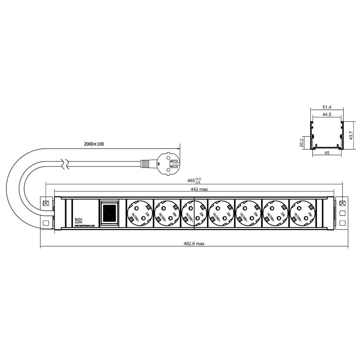 BACHMANN 19" 1.5U 7xCEE7/3 1xswitch power 2.0m CEE7/7