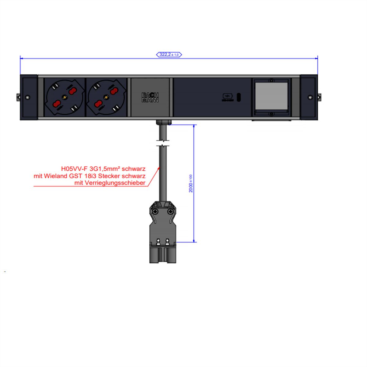 BACHMANN DESK RAIL 2xP40 1xUSB C 60W, 1xCM 2.0m GST18 Italia