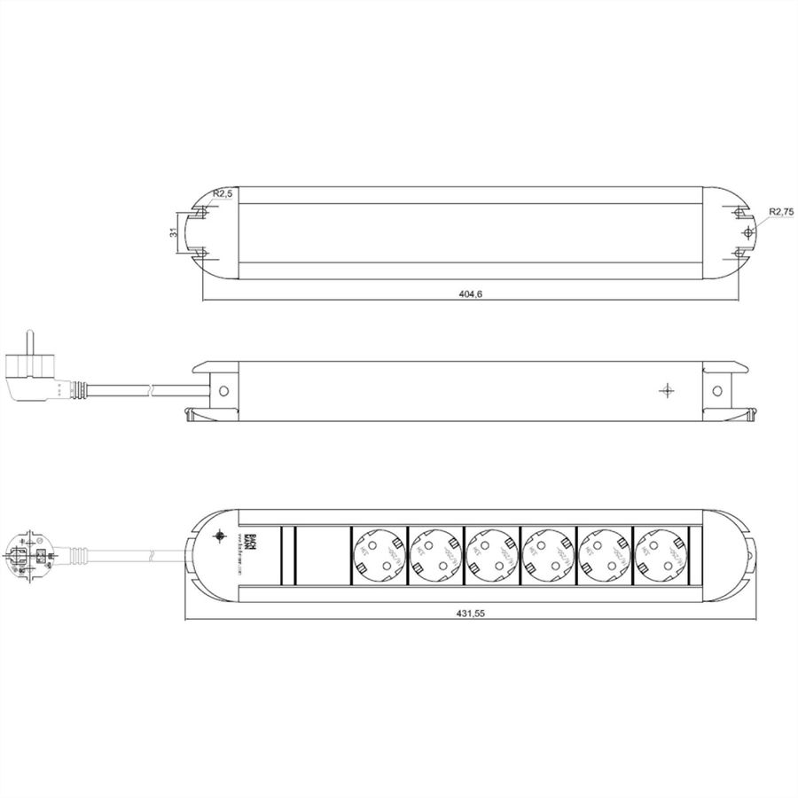 BACHMANN PRIMO socket strip 6x earthing contact, aluminium, 1.75 m