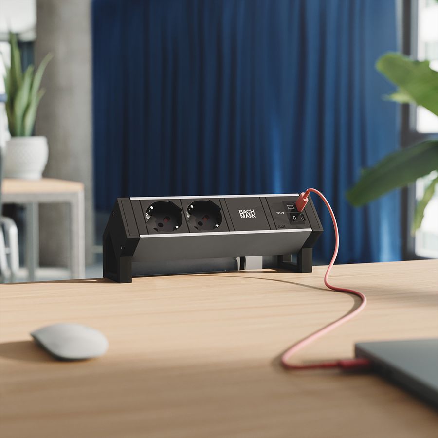 BACHMANN DESK2 ALU BLACK 2xP40, 1xUSB C/C 65W L=0,2m