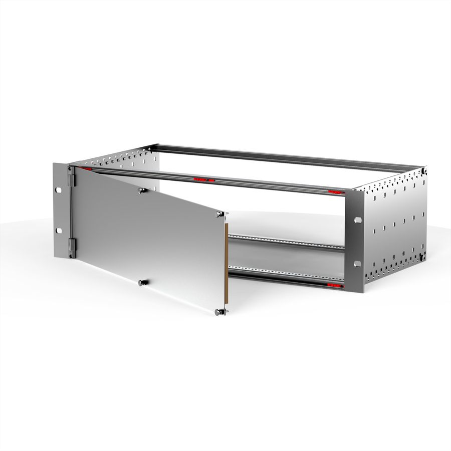 SCHROFF voorpaneel, afgeschermd, zijdelings scharnierend, 3 HE, 84 HP, 2,5 mm, Al, vooraan geanodiseerd, achteraan geleidend