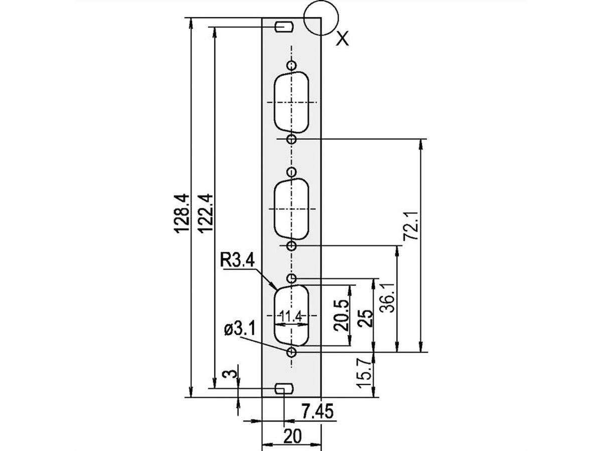 SCHROFF U-profile Front Panel, Shieldable, D-Sub Cutout, 3 U, 4 HP, 3 x 9 Pin, 2.5 mm, Al, Front Anodized, Rear Conductive