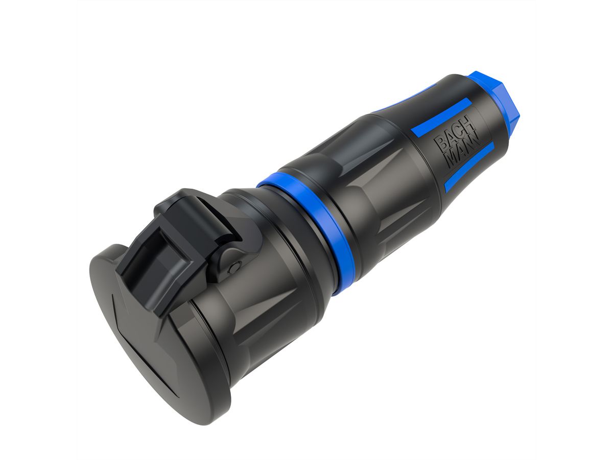 BACHMANN Profi-Schutzkontaktkupplung CEE7/3, mit Klappdeckel, gummiert, Power-LED, IP54, schwarz / blau