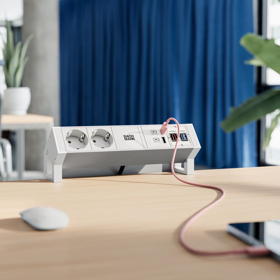 BACHMANN DESK2 ALU WIT 2xCEE7/3 1xCM 1xUSB A/C 22W 0,2m GST18