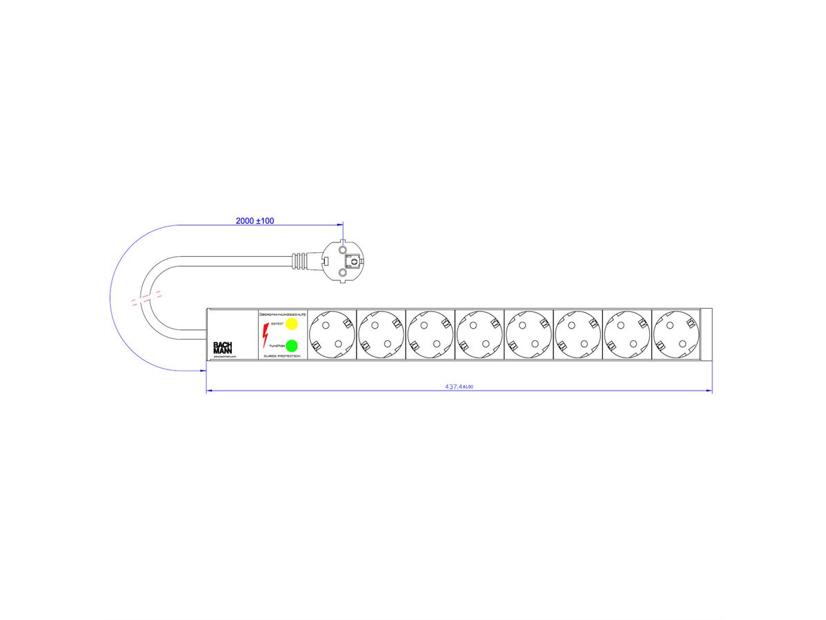 BACHMANN 19" socket strip 8-way with ÜS without switch, black