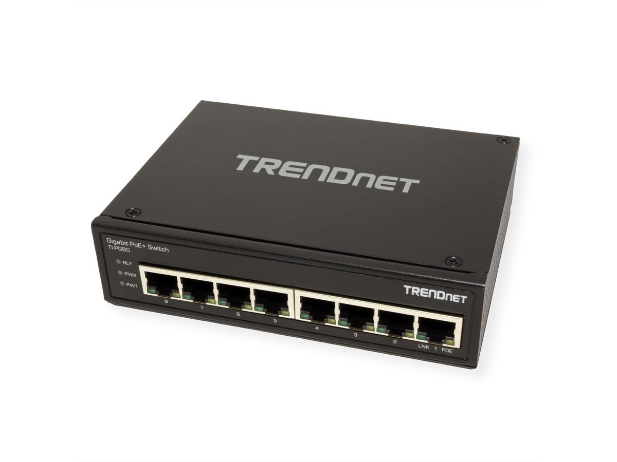 TRENDnet TI-PG80 8-poorts Geharde Industriële Gigabit PoE+ DIN-Rail Switch