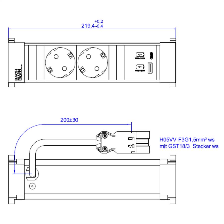 BACHMANN POWER FRAME 2xCEE7/3 1xUSB A/C 22W 0.2m GST18