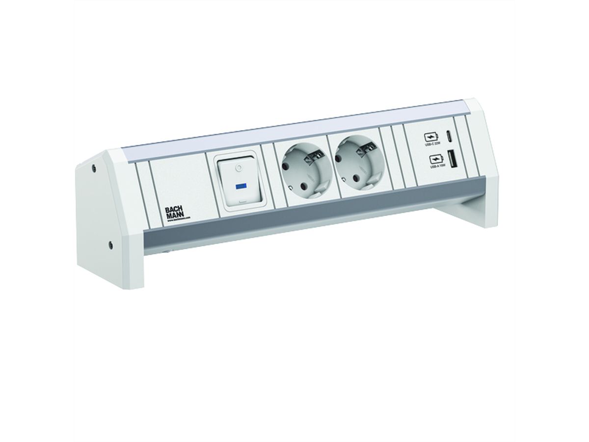 BACHMANN DESK 2xCEE7/3 1xSwitch 1xUSB A/C 22W GST18 RAL9010