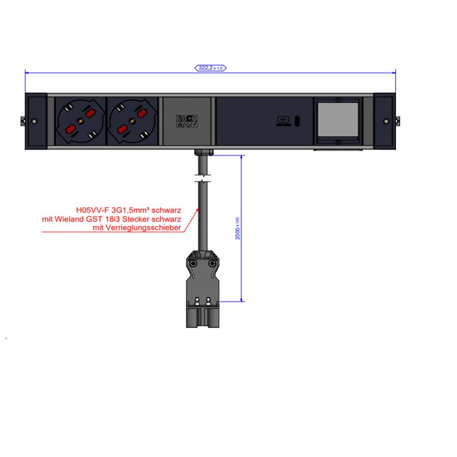 BACHMANN DESK RAIL 2xP40 1xUSB C 60W, 1xCM 2.0m GST18 Italia
