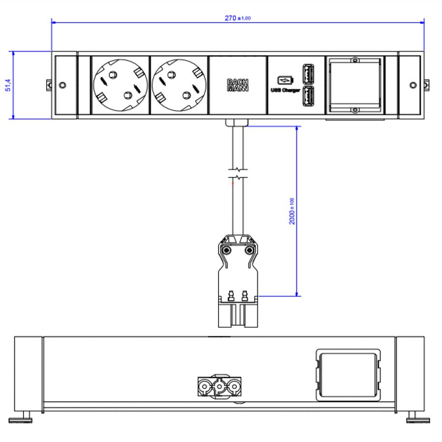 BACHMANN DESK RAIL 2x earthing contact 1x USB Charger 1x ABD