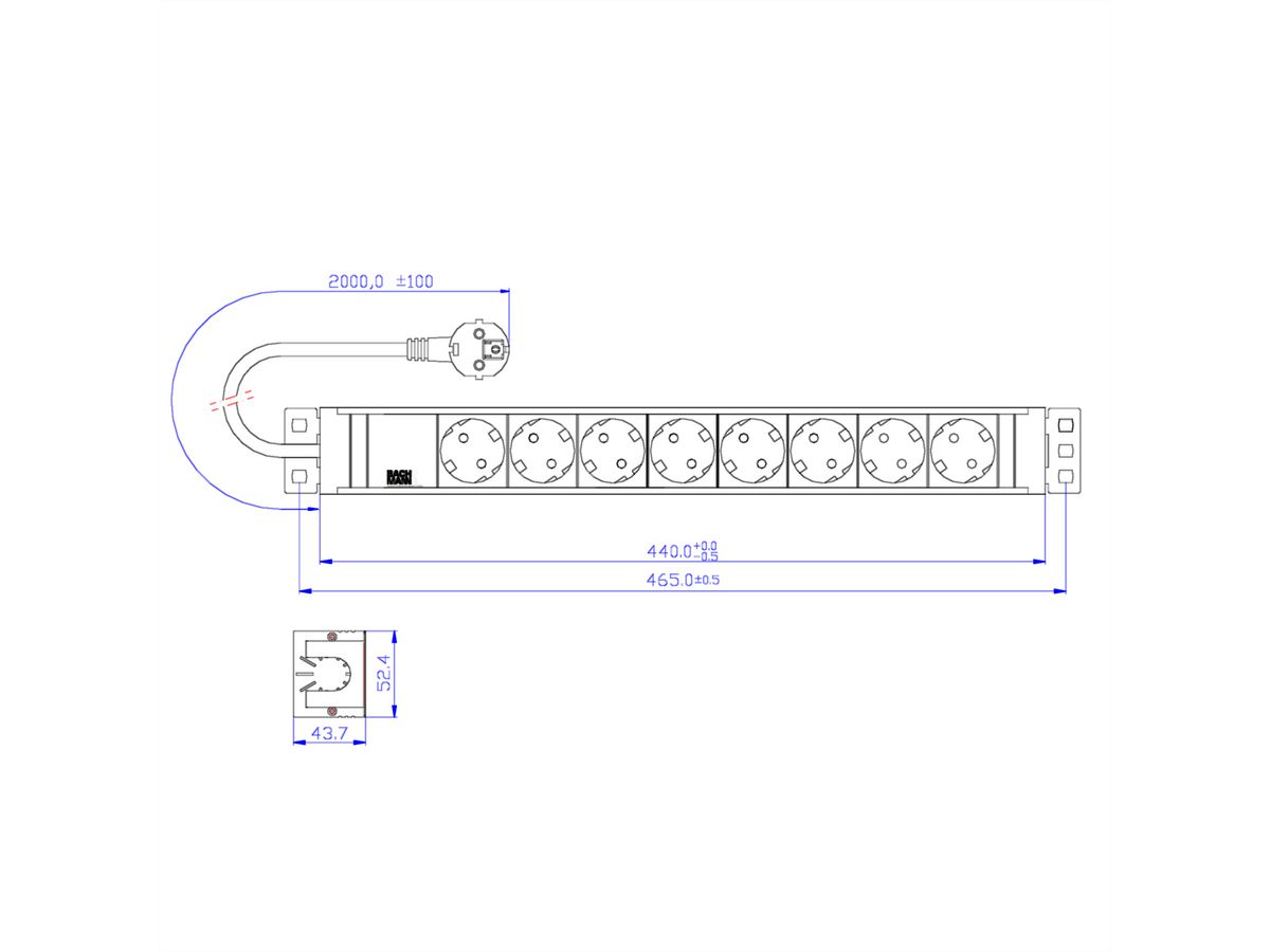 BACHMANN 19'' PVC stekkerdoos met 8 geaarde stopcontacten, 2,0 m geaarde stekker