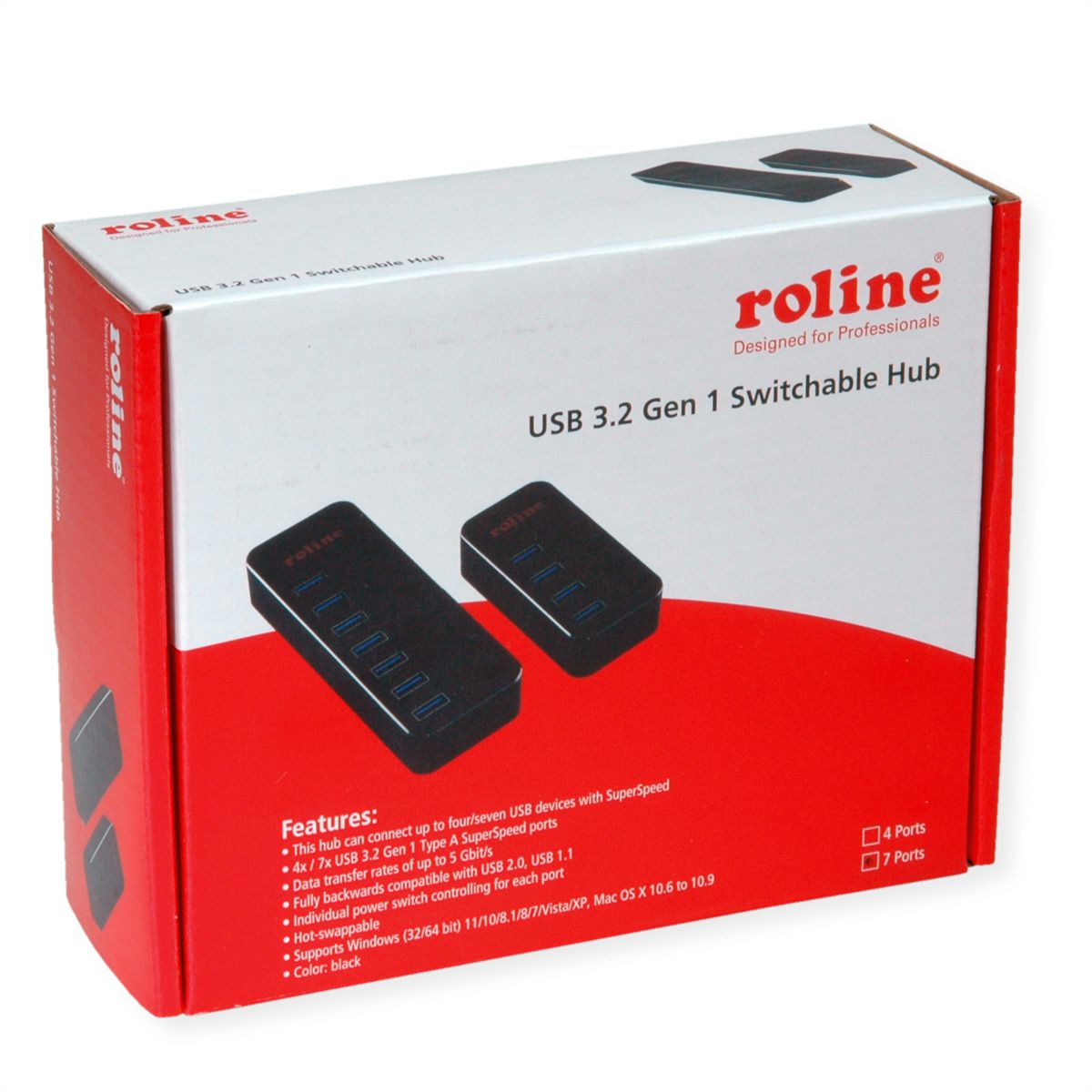 ROLINE USB 3.2 Gen 1 notebook hub, 7 poorten, individueel schakelbaar