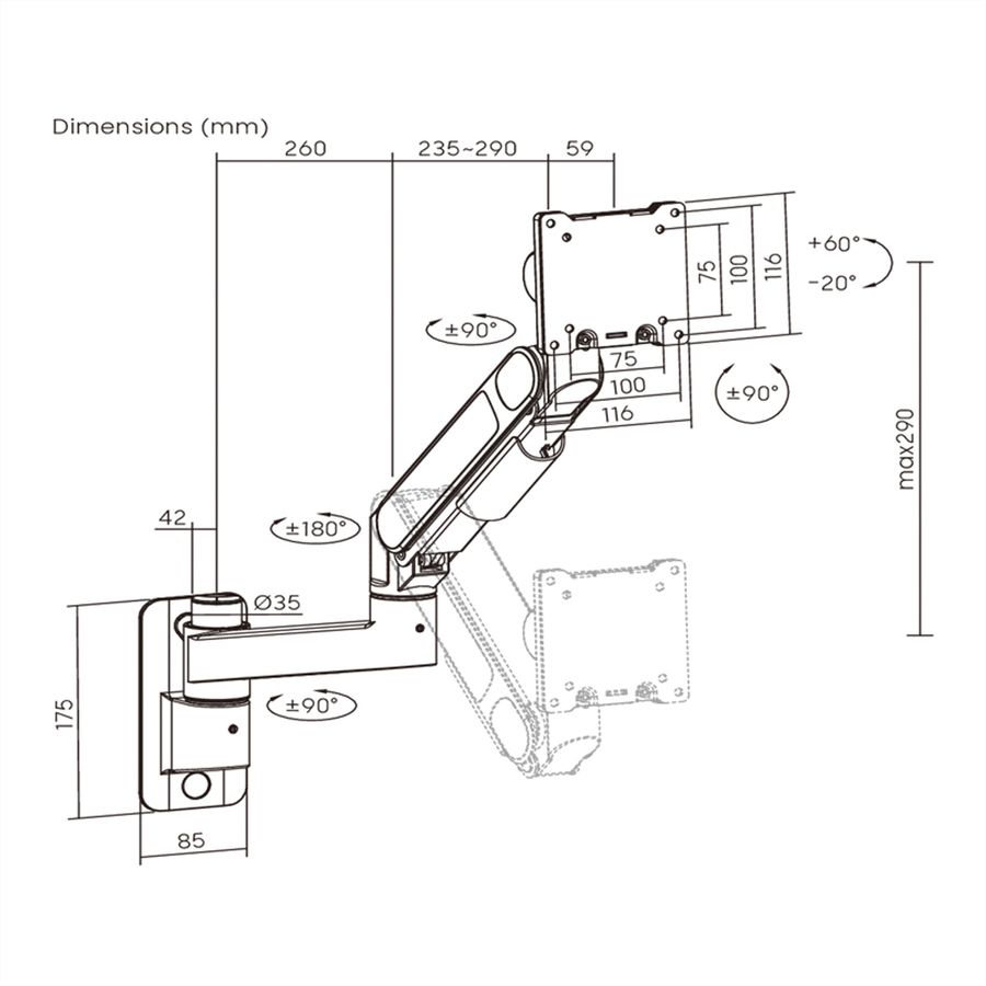ROLINE Heavy-Duty Gas Spring Monitor Arm, Wall Mounted, <27kg, <144,78cm (57")