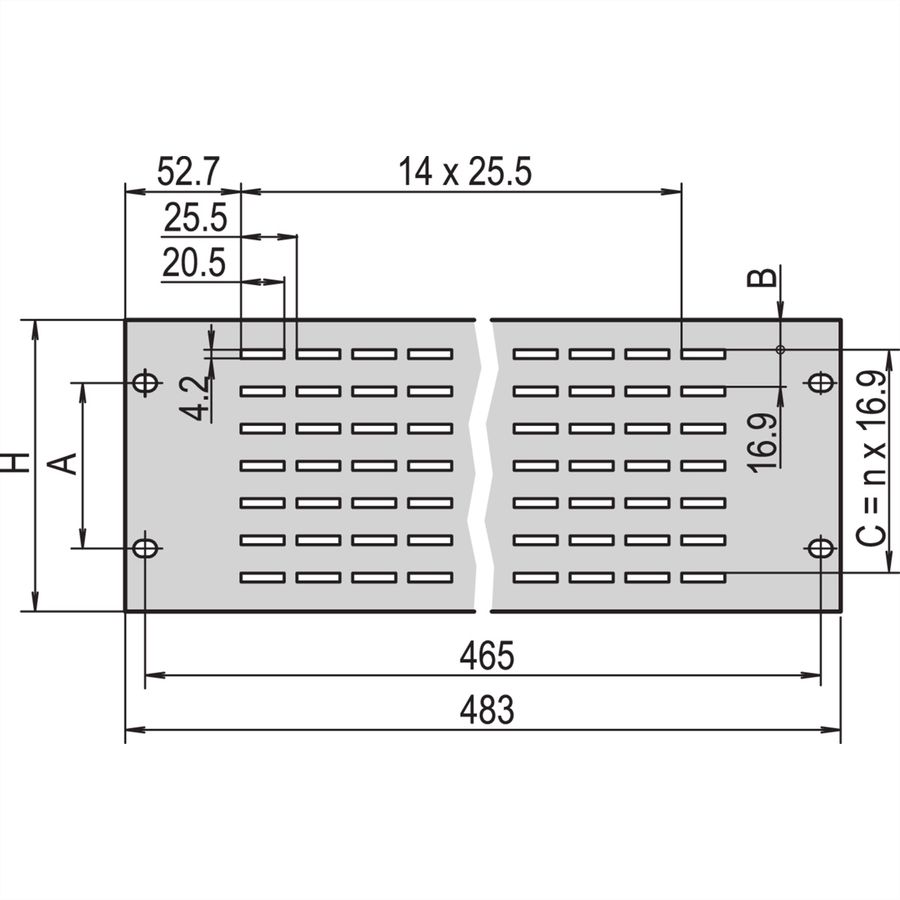 SCHROFF 19" Front Panel, Vented, 1 U, 2.5 mm, Al, Anodized